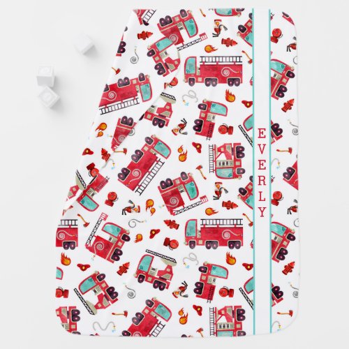 Watercolor Firetrucks Kids Personalized Baby Blanket