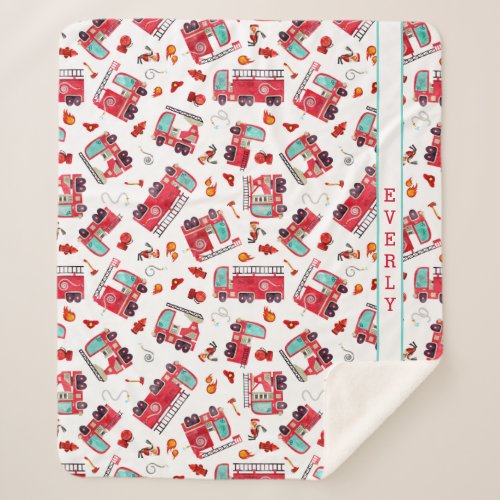 Watercolor Firetrucks Kids Personalized Sherpa Blanket