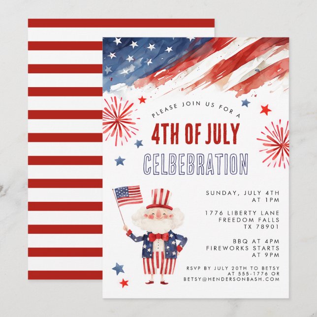 Watercolor Firework Fourth of July BBQ Invitation (Front/Back)