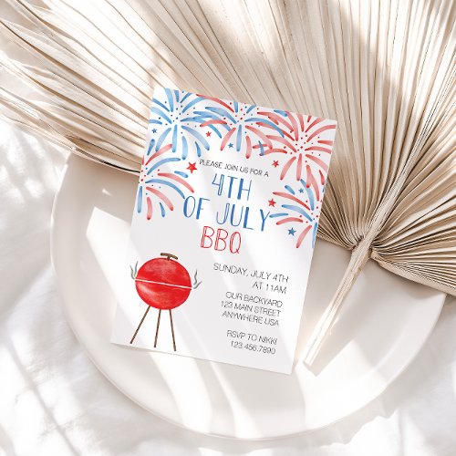 Watercolor Firework Fourth of July BBQ Invitation