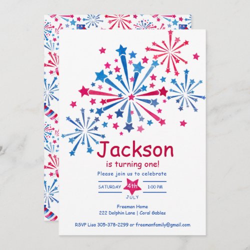 Watercolor Fireworks Fourth of July 1st Birthday Invitation