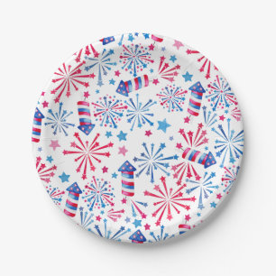 Watercolor Fireworks Rockets 4th of July Party Paper Plates