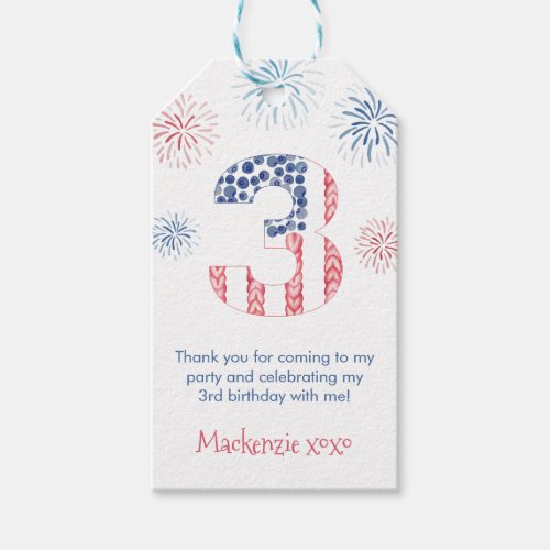Watercolor Fireworks Summer 3rd Birthday Favor Tag