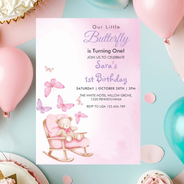 Watercolor First 1st Birthday teddy & Butterfly Invitation (Creator Uploaded)