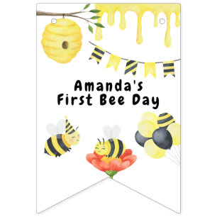 Watercolor first Bee Day birthday Party Bunting Flags