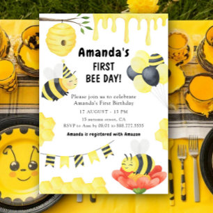 Watercolor First Bee Day Birthday Party Invitation