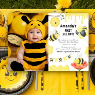 Watercolor First Bee Day Birthday Party Invitation