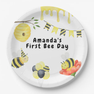 Watercolor first Bee Day birthday Party Paper Plates