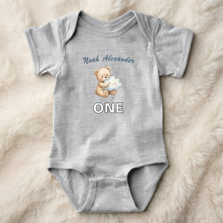 Watercolor First Birthday Baby Bodysuit Cute Teddy
