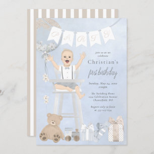 Watercolor First Birthday Baby in Highchair Invitation