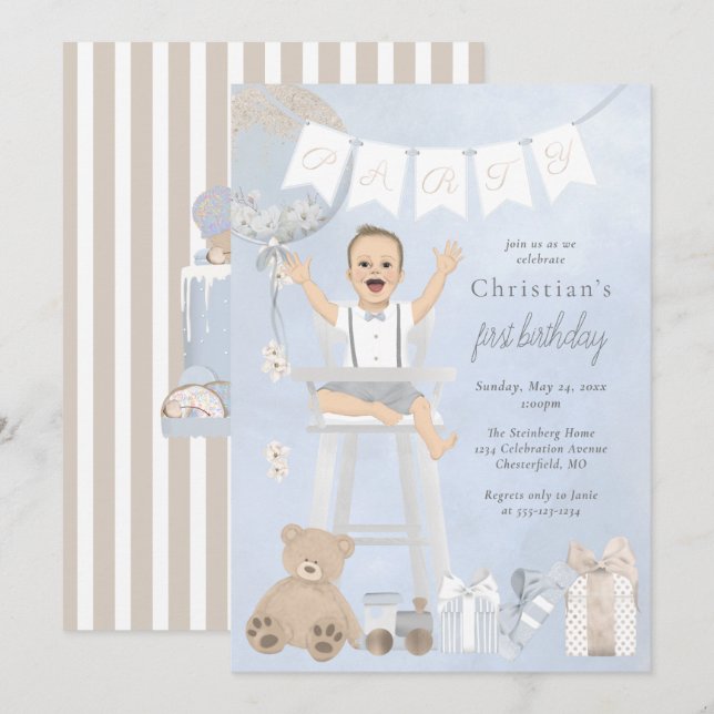 Watercolor First Birthday Baby in Highchair Invitation (Front/Back)