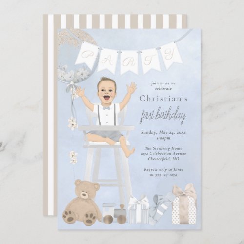 Watercolor First Birthday Baby in Highchair Invitation