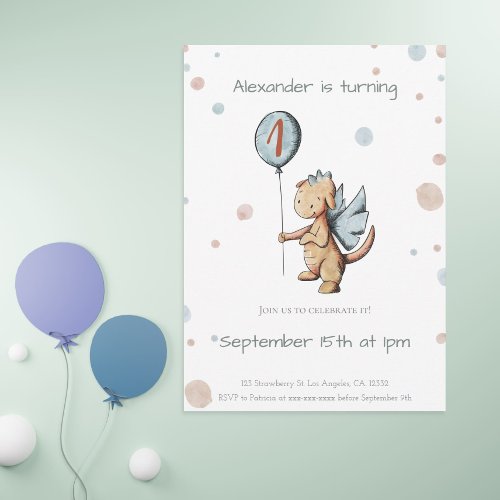 Watercolor First Birthday Dragon with Balloon  Invitation