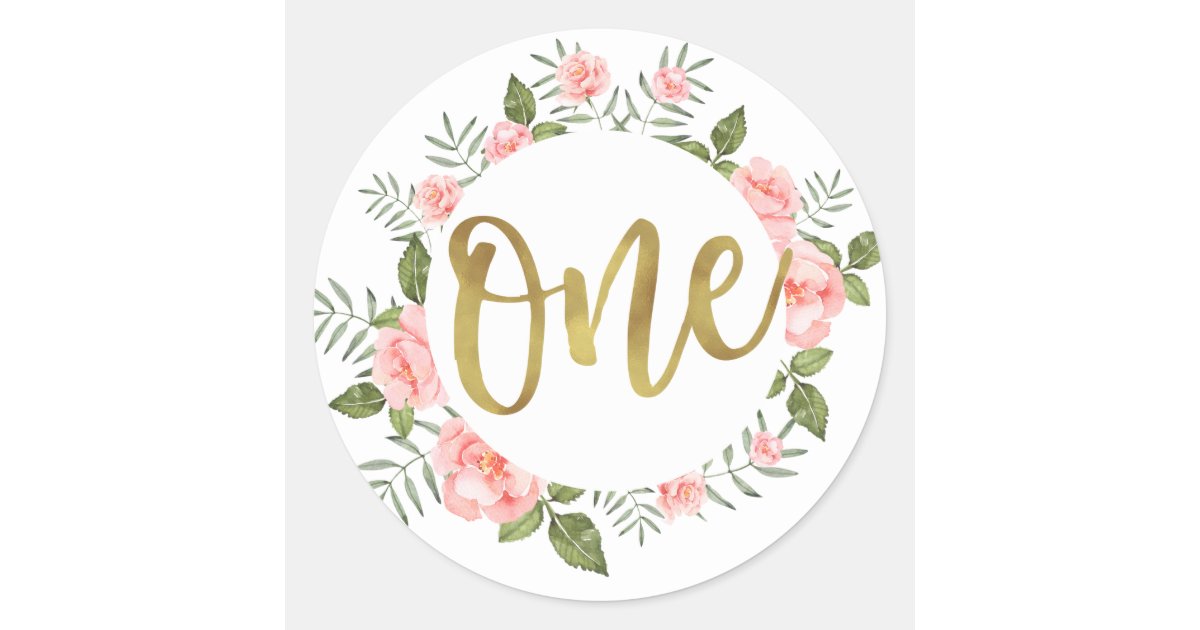 Watercolor First Birthday Gold and Pink Floral Classic Round Sticker ...