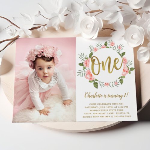 Watercolor First Birthday Gold and  Pink Floral Invitation