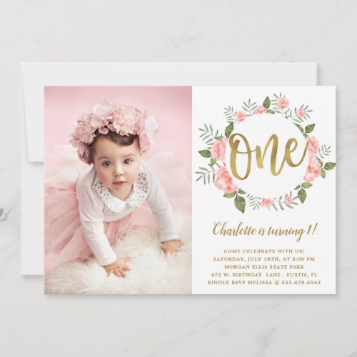 Watercolor First Birthday Gold and  Pink Floral