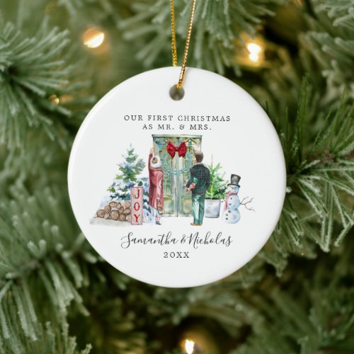 Watercolor  First Christmas as Mr  Mrs Ceramic Ornament