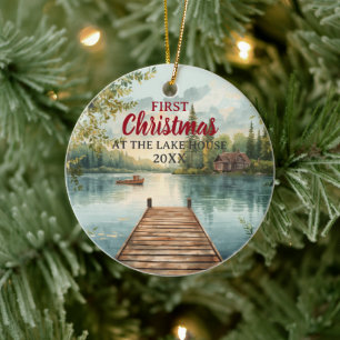 Watercolor First Christmas At The Lake House Ceramic Ornament