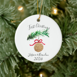 Watercolor First Christmas Tree Merry and bright Ceramic Ornament