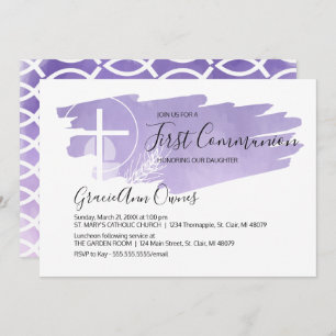 Watercolor First Communion Invitation - Purple