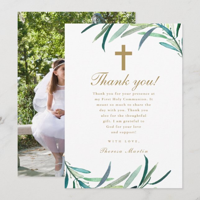 Watercolor First Holy Communion Photo Thank You Announcement (Front/Back)