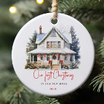 Watercolor First Home Christmas Keepsake Ornament<br><div class="desc">This beautiful ceramic ornament commemorates the "Our First Christmas in Our New Home" moment of your lifes. Featuring a charming illustration of a cozy snow-covered house adorned with festive holiday decorations, it is the perfect keepsake to celebrate a major milestone. Personalize your holiday decor with this elegant, timeless ornament, and...</div>