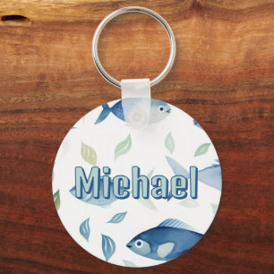 Watercolor Fish Boys Personalized School Bag Tag Keychain