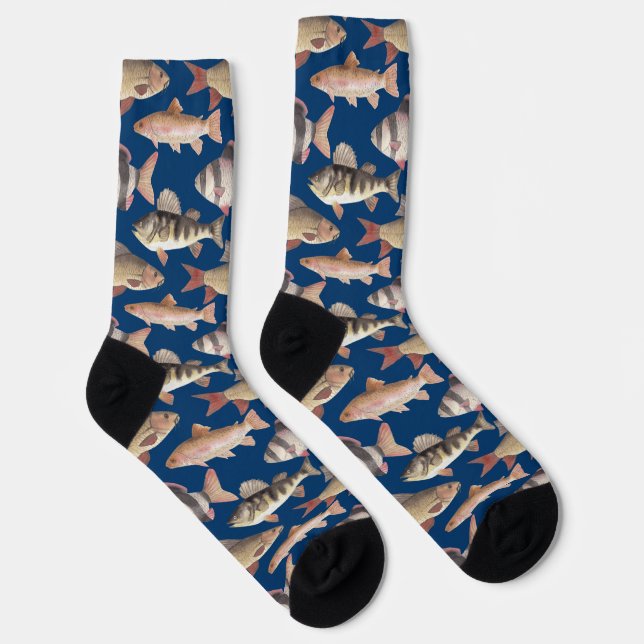 Watercolor fish pattern on dark blue socks (Right)