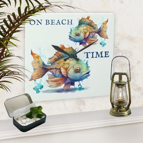 Watercolor Fishes Beach House  Square Wall Clock