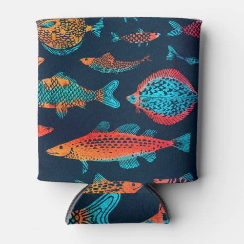 Watercolor Fishes Deep Blue Seamless Can Cooler