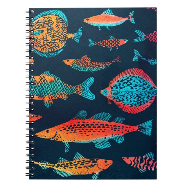 Watercolor Fishes: Deep Blue Seamless Notebook (Front)