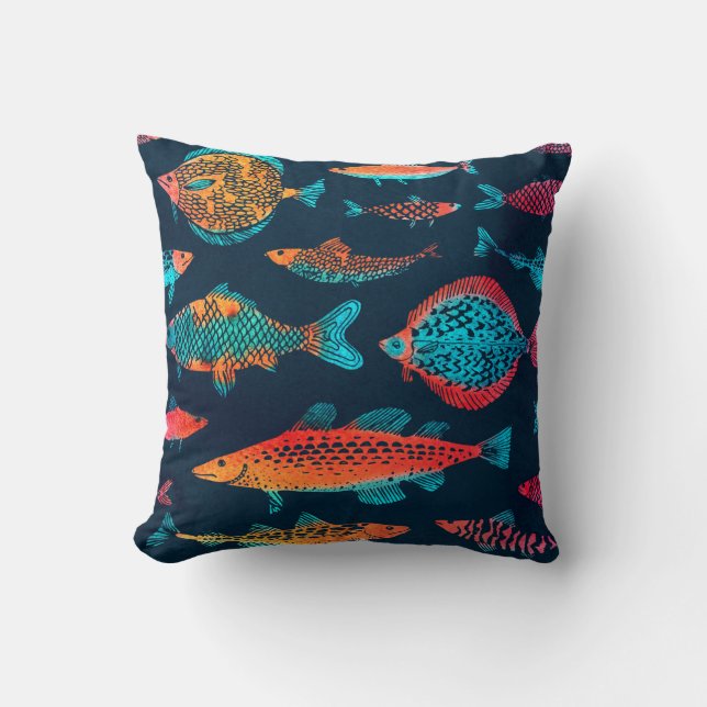 Watercolor Fishes: Deep Blue Seamless Throw Pillow (Front)