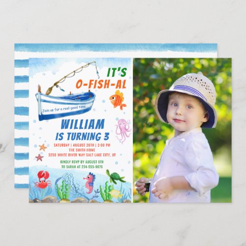 Watercolor Fishing Birthday Beach Party Photo Invitation