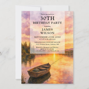 Watercolor Fishing Boat Lake Adult Birthday Invitation