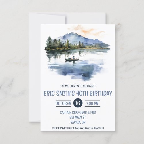 Watercolor Fishing Mountains Lake Birthday Party Invitation
