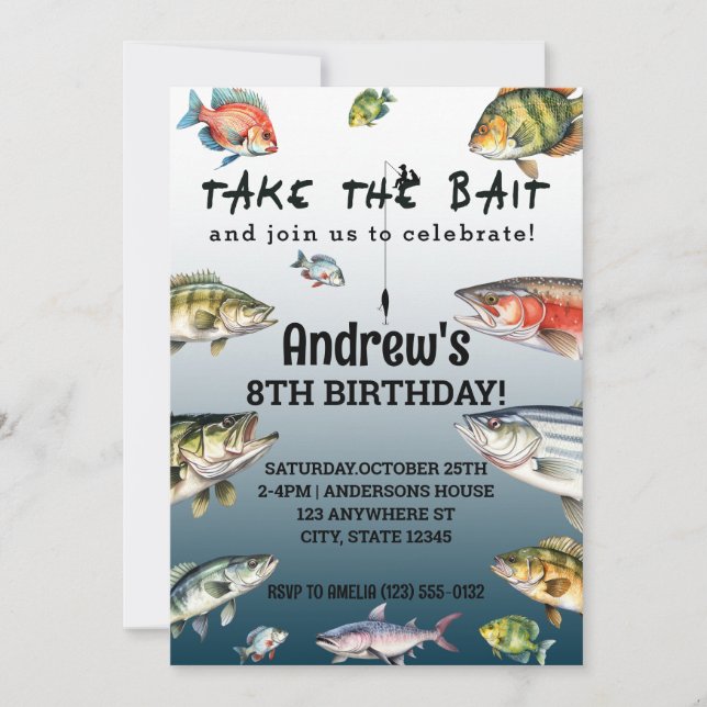 Watercolor Fishing Take The Bait Birthday Invitation (Front)