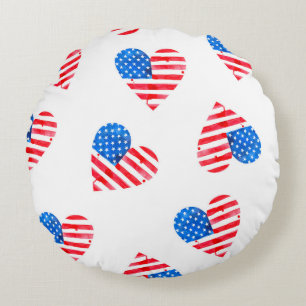 Watercolor flag of America in the shape of hearts Round Pillow