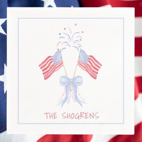 Watercolor Flags & Fireworks 4th of July Custom Napkins