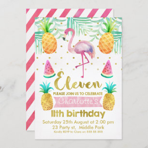 Watercolor Flamingo 11th Birthday Invitation