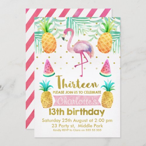 Watercolor Flamingo 13th Birthday Invitation