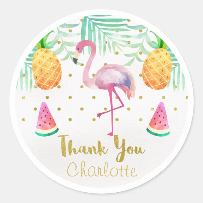 12 Personalized Pool party Birthday stickers flamingo tropical pineapple favors 