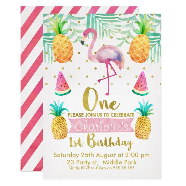 Watercolor Flamingo 1st Birthday Invitation