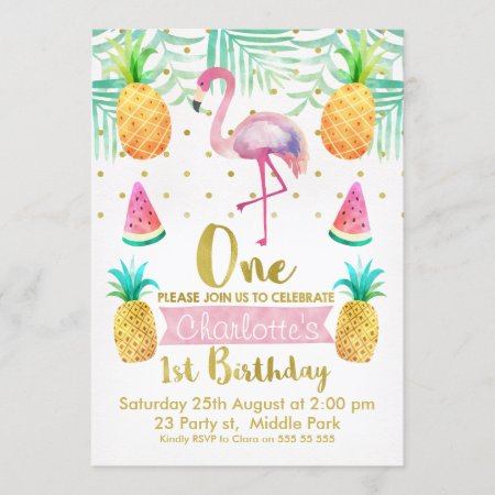 Watercolor Flamingo 1st Birthday Invitation