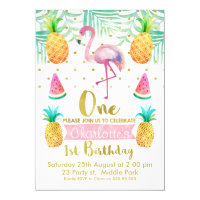 Watercolor Flamingo 1st Birthday Invitation