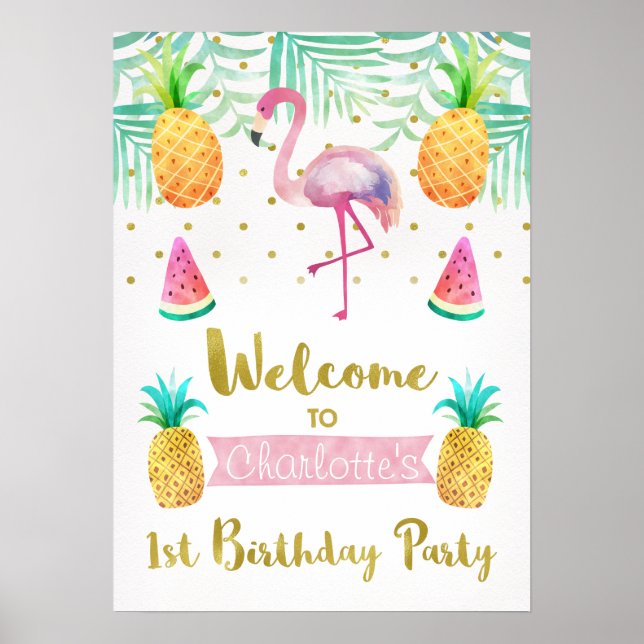 Watercolor Flamingo 1st Birthday Welcome Poster (Front)