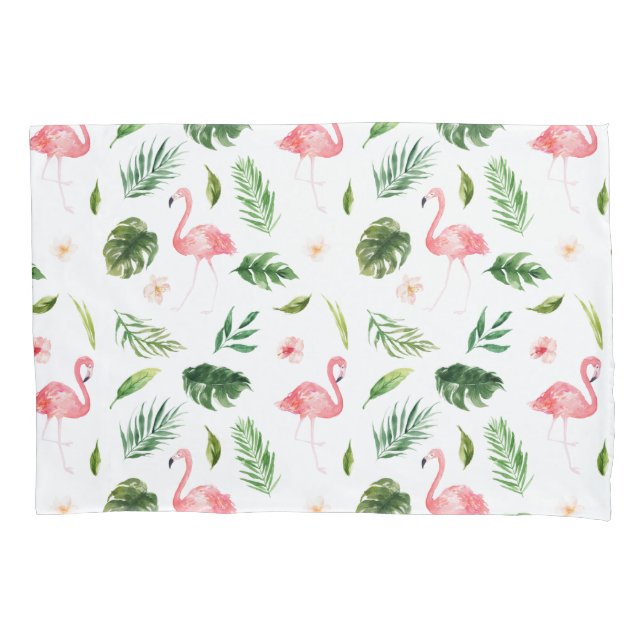 Watercolor Flamingo and Greenery Tropical Pattern Pillow Case (Front)