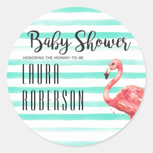 Watercolor Flamingo and Mint Stripe Baby Shower Classic Round Sticker