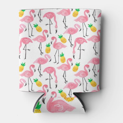 Watercolor Flamingo and Pineapple Tropical Set Can Cooler