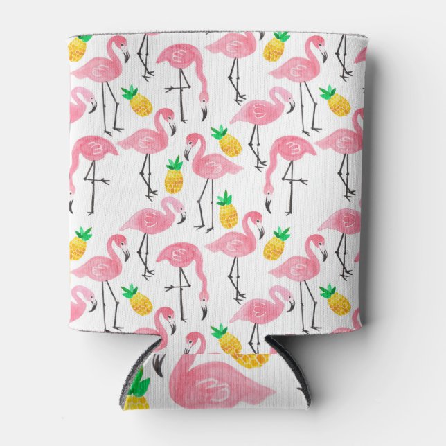 Watercolor Flamingo and Pineapple: Tropical Set. Can Cooler (Front)