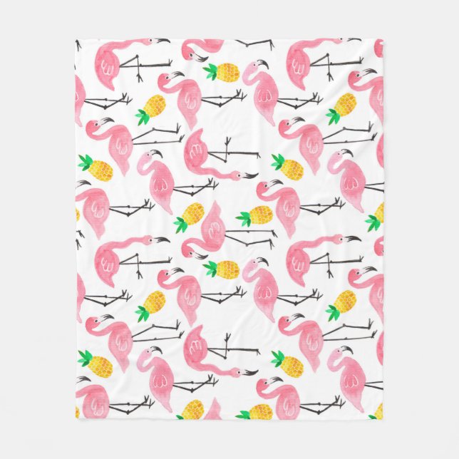 Watercolor Flamingo and Pineapple: Tropical Set. Fleece Blanket (Front)